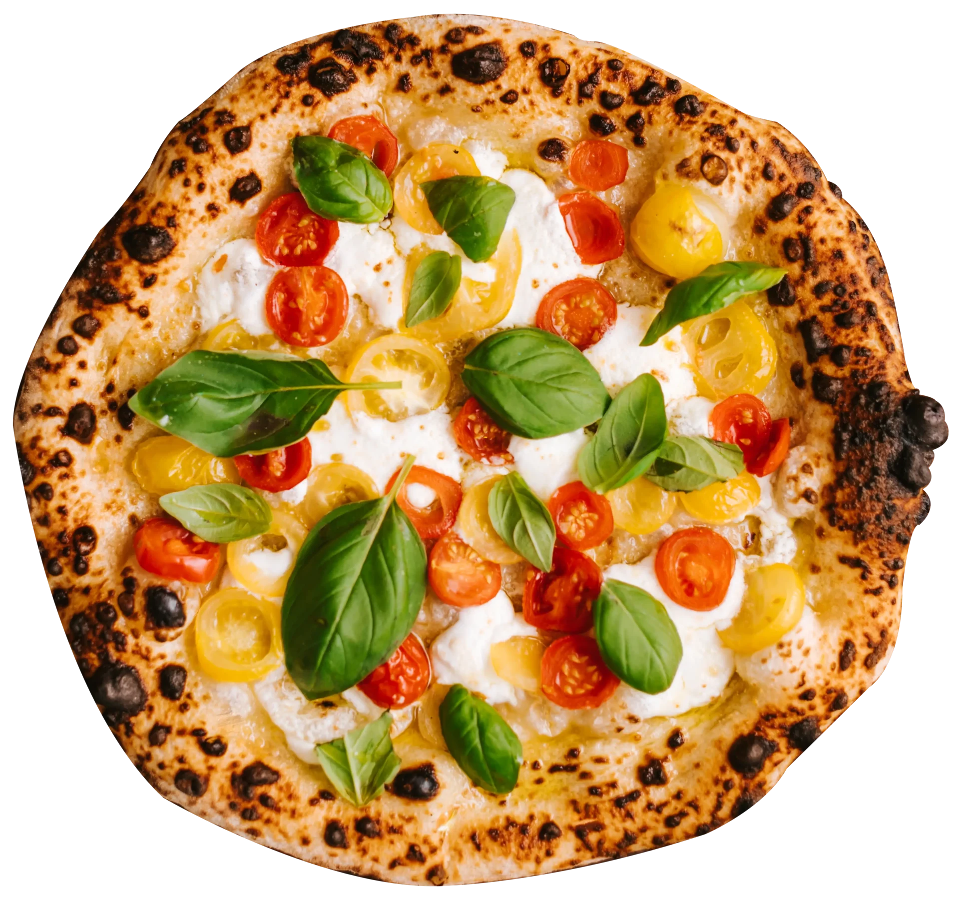 A pizza with tomatoes, basil and cheese on it.