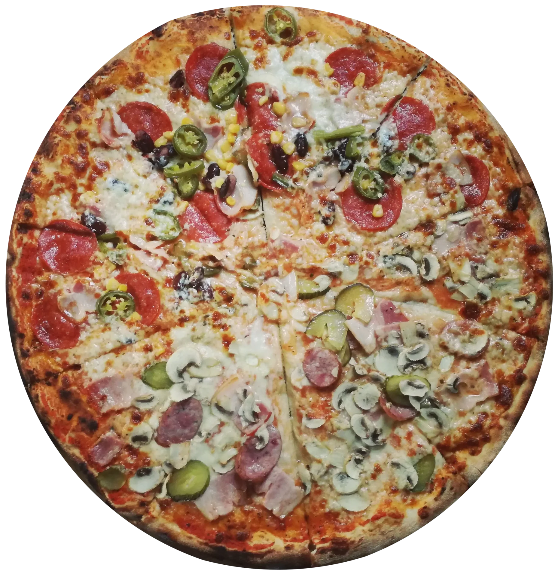 A pizza with many different toppings on it.